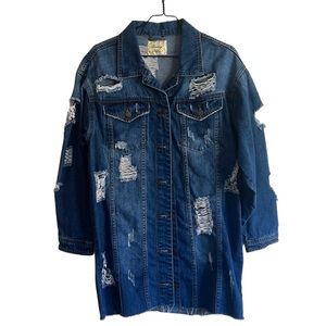 Boutique Distressed Longline Oversized Denim Jean Jacket sz M